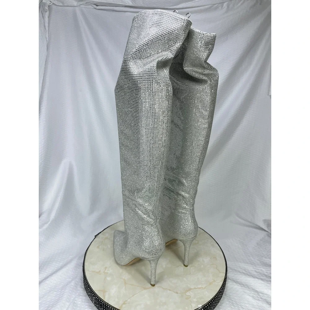 Aldo Rhinestone Over-the-Knee Stiletto Boots Womens 6 Silver Sparkly Pointed Toe
